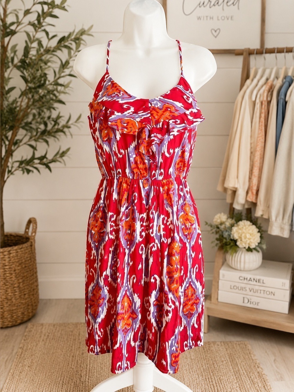 Nell Couture Silk Ikat Print Ruffle Cami Mini Sundress Pink Orange Size 0 - Picture 3 of 6
